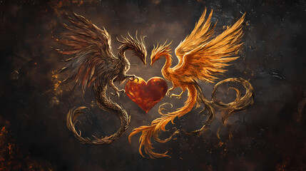 Wall Mural - A stunning illustration of a dragon and phoenix entwining around a heart, symbolizing eternal love and balance, set against a dark, textured background. Phoenix. Illustration