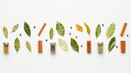 Poster - Small jars filled with vibrant spices are arranged with bay leaves and cinnamon sticks, creating an aromatic display with room for text. Generative AI