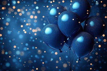 Poster - Blue balloons with golden sparkles in dark blue setting with bokeh lights, confetti. Festive holiday atmosphere. Perfect for social media cover design for birthday party anniversary celebration.