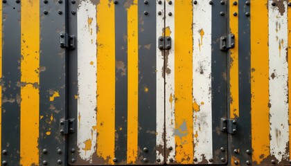 Poster - Abstract geometric wallpaper design with yellow white, black stripes. Industrial style with grungy texture suggesting aged metal. Stylish modern pattern for wall decoration surfaces. Vivid colors