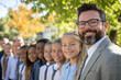 © Creator - Group of cheerful students with their teacher in an outdoor class photo, radiating joy and academic unity under a sunny sky.