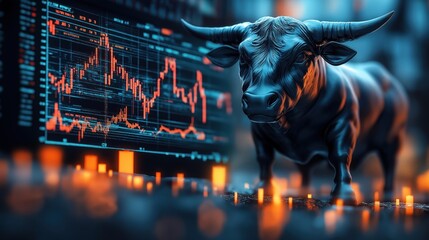 Aufkleber - Financial bull statue stands in front of stock market chart. Digital display shows candlestick chart, rising trends. Bull market concept for business success, investment. Suitable for business