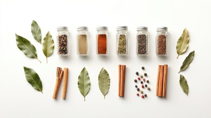 Aufkleber - Aromatic spices in small jars are displayed alongside fresh bay leaves and cinnamon sticks, creating a vibrant culinary scene. Generative AI