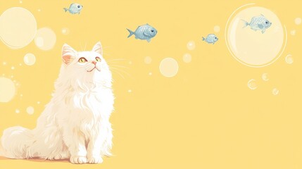 Poster - A fluffy white cat gazes upward as colorful fish float in circles around its head, set against a vibrant yellow background. Generative AI