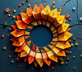 Poster - Abstract colorful spiral design resembling stylized sunflower. Pieces of origami-like paper create detailed circular pattern of orange, yellow tones with dark background. Central empty space allows