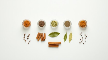 Aufkleber - Brightly colored spices in small jars, complemented by bay leaves and cinnamon sticks, offer an aromatic display with ample space for text. Generative AI