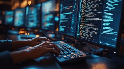 Aufkleber - Hands type on keyboard. Person codes on computer. Night time. Focus on person typing. Multiple screens showing code. Tech workplace. Coding session. Software development. Programmers work late at