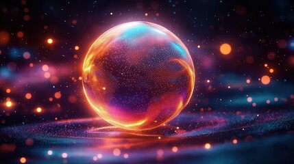 Poster - Shimmering neon globe radiates digital tech. Global communication concept. Abstract digital globe global connections. Futuristic design reflects innovation in tech, collaborative networks. Advanced