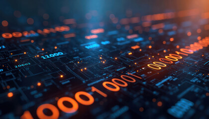 Fototapete - advanced tech illustration displays binary code, glowing data transmission. futuristic tech network 