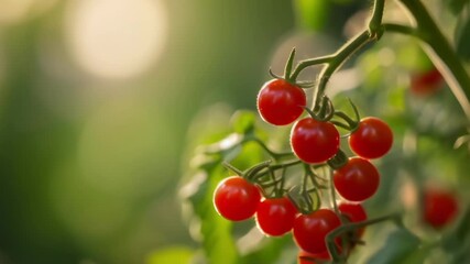 Poster - Close up of a cluster of ripe, red cherry tomatoes growing on the vine, bathed in the warm glow of sunlight, creating a vibrant and inviting scene of freshness and natural beauty