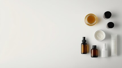 Aufkleber - Collection of skin care jars, tubes, oils, and serums displayed on a white surface, creating a clean, inviting space for ideas or branding. Generative AI