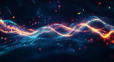 Poster - Abstract digital wave patterns and colorful particles create an enchanting display of light and motion in a cosmic space setting
