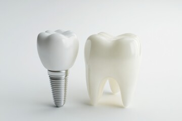 Poster - A dental implant is presented next to a healthy tooth, highlighting restorative dentistry options in a clinical, clean setting. Generative AI