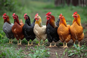 A Group of Colorful Chickens Standing in Grass