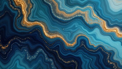Poster - Abstract marble design with blue, gold colours. Liquid marble texture. Swirls, waves create flowing patterns. Sophisticated background. Great for wallpaper. Modern design. Luxury feel. Perfect for