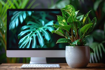 Poster - A potted plant in front of a computer monitor with a blurry background of green leaves.