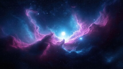 Poster - Space nebula displays vibrant crystal-blue particles bursting from deep magenta clouds. Electric-blue plasma dances among stars. Cosmic light shows. Nebula glows brilliantly. Night sky bursts with