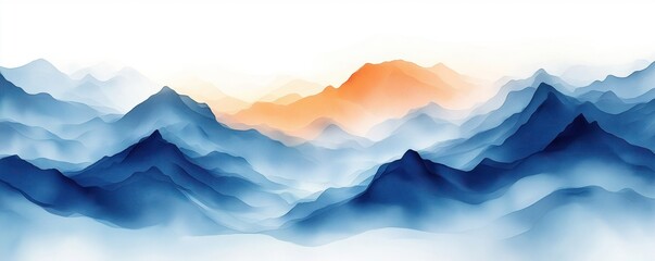Aufkleber - Abstract landscape featuring blue mountain range on white background. Gentle slopes, soft transitions of color suggest misty ambiance. Sunrise sunset hues of orange hinted at mountain tops. Calm,