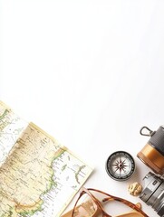 Aufkleber - A collection of travel essentials is arranged on a white background, featuring a map, compass, camera, and sunglasses, perfect for adventures. Generative AI
