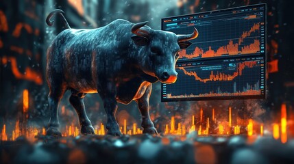 Aufkleber - Bull figure in front of financial data display. Stock market chart with rising trend. Tech concept. Investment. Financial growth. Double exposure image. Bull market. Modern art style.