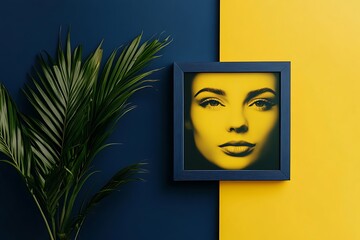 Poster - A framed portrait of a woman in yellow tones against a blue and yellow background, with a plant.