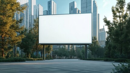 Poster - Blank billboard on city square stands in modern city with tall skyscrapers background. Urban landscape shows empty billboard mock up. Mockup is great for advertising and brand promotion ideas.
