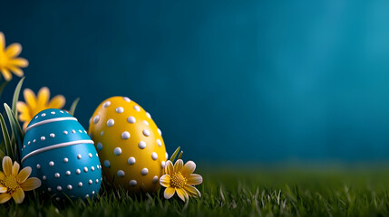 Poster - Colorful Easter eggs sit among vibrant flowers on a grassy surface, creating a cheerful and festive atmosphere.