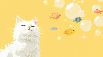 Poster - A fluffy white cat sits contently, surrounded by playful bubbles containing colorful fish against a cheerful yellow backdrop. Generative AI