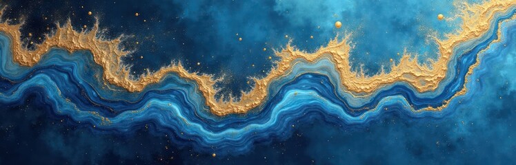 Poster - Abstract art design. Liquid blue, gold colors mix. Unique wave pattern. Creative exotic luxury background. Swirls, textures create dynamic effect. Modern design for wallpaper fabric. Sophisticated