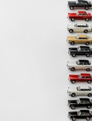 Poster - A collection of various miniature car models neatly organized on a solid white surface, leaving room for text insertion or branding. Generative AI