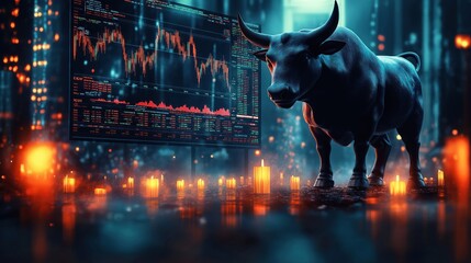 Aufkleber - Bull statue in front of stock market chart screen. Financial investment concept. Candles in foreground. Night scene. Urban background. Double exposure effect. Powerful image. Suggests rising trends.