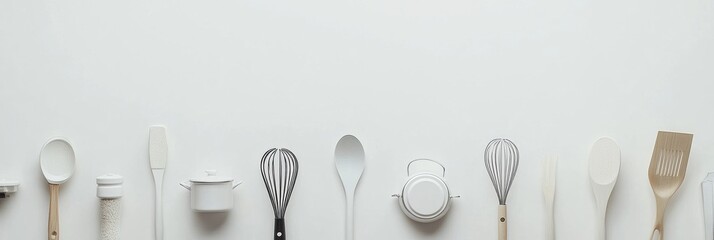 Aufkleber - Variety of kitchen utensils including spatulas, whisks, and small pots arranged neatly on a white background, ideal for culinary designs. Generative AI