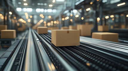 Poster - Modern factory conveyor belt carries cardboard box. Automated production line. High tech manufacturing environment. Efficient logistics process. Boxes move smoothly. Factory setting. Industrial
