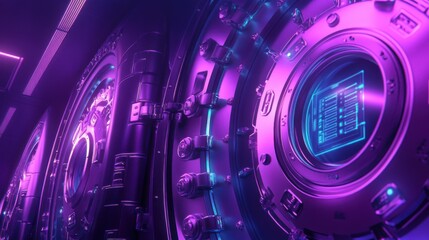 Poster - Futuristic Secure Vault Door with Neon Lights and High-Tech Interface for Cybersecurity and Digital Technology Themes in Modern Environments