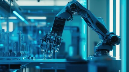 Poster - Advanced Robotic Arm in a High-Tech Laboratory Performing Precise Tasks with Sleek Design and Futuristic Aesthetic, Showcasing Innovation in Automation Technology