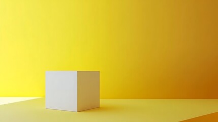 Poster - A minimalist scene featuring a white cube against a bright yellow background.