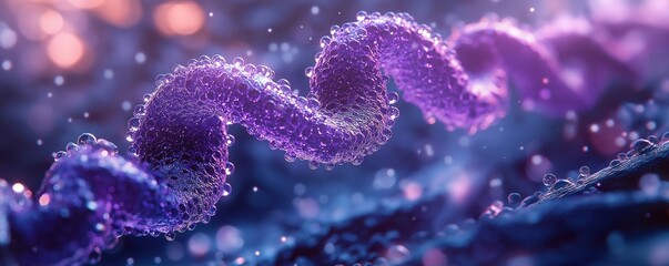 Poster - Artistic representation of peptide chain forming complex structure. Purple, iridescent details showcase intricate molecular components. Scientific tech visualization. Suitable for biochem molecular
