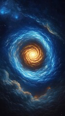 Poster - Cosmic jets spiral towards in space. Blue, gold cosmic jets twist, swirl in mesmerizing celestial dance through clouds, stars. Breathtaking sight. Cosmic energy fills void. Image evokes awe, wonder.
