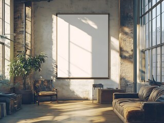 Poster - Blank white poster in a modern loft interior ambiance, highlighted by sunlight and open space