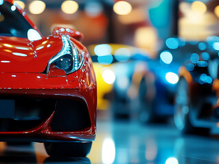 Aufkleber - Blurred background of new cars displayed in luxury showroom with light bokeh in motor show event