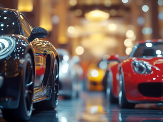 Leinwandbilder - Blurred background of new cars displayed in luxury showroom with light bokeh in motor show event