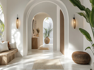 Poster - Boho, mediterranean interior design of modern home entryway, hall with arched walls