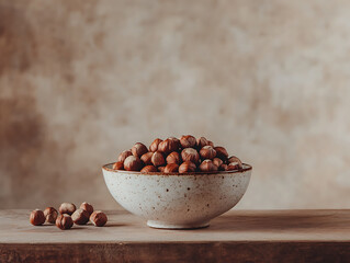 Poster - Bowl with tasty chocolate paste and hazelnuts on table