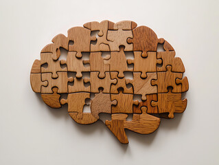 Poster - Brain shape made from wooden puzzle blocks, logical thinking side of the brain