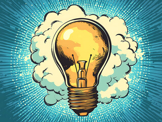 Poster - Bulb with clouds pop art retro, comic book style imitation