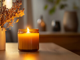 Poster - Burning candle mockup, styled home interior decor with amber glass candle jar