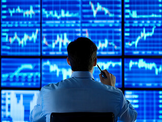 Poster - Business analyst examining financial data and stock market trends on blue graphs and charts