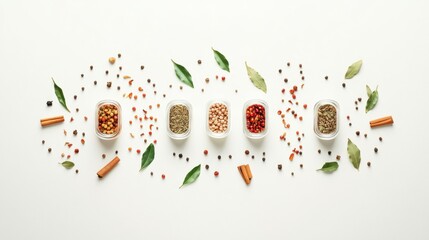 Aufkleber - Various small jars hold vibrant spices and herbs, complemented by bay leaves and cinnamon sticks, creating an aromatic and inviting display. Generative AI