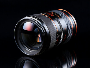 Poster - Camera lens, on black background for overlay
