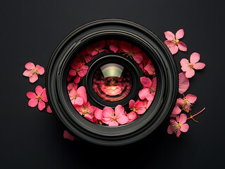 Poster - Camera lens, on black background for overlay